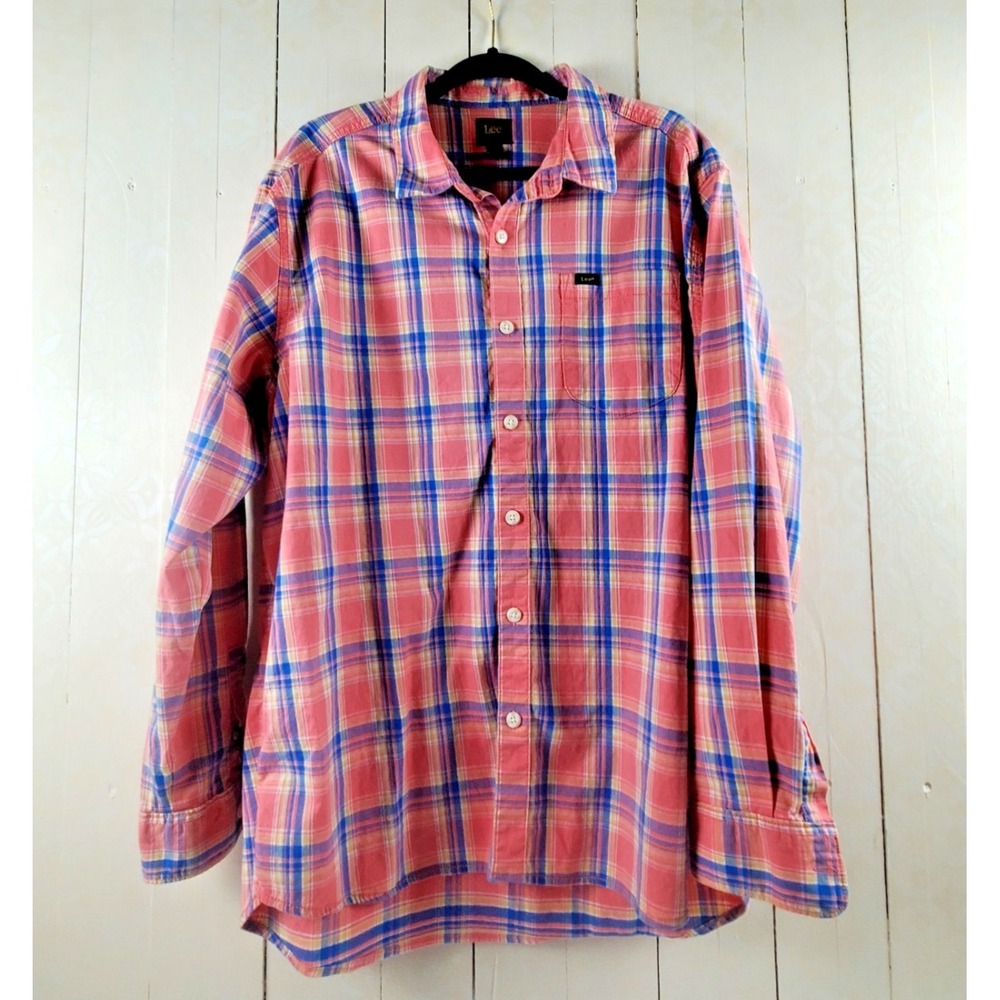Lee Vintage Plaid Button Up Shirt Pink Blue Yellow‎ Long Sleeve XL Western